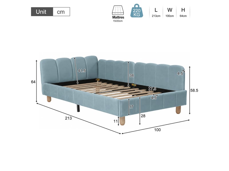  Lit enfant 90x200 cm, 213x100x64 cm, tête rembourrée, barrières, sommier à lattes, velours bleu, sans matelas  - Conforama C