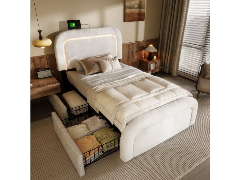  Lit simple 90x200 cm avec led, usbusb-c et 2 tiroirs en tissu sherpa blanc  - Conforama C