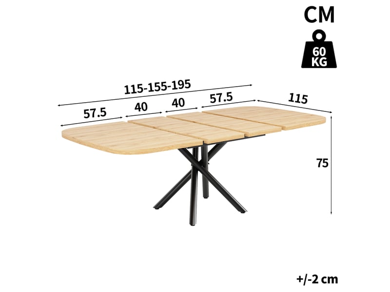 Table à manger extensible 115155195 x 115 x 75 cm pour 4 à 8 personnes, pieds croisés en métal, pieds réglables, plateau effet chêne en mdf  - Conforama D