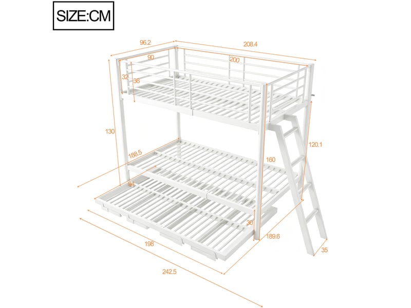 Lit superposé enfant avec couchage inférieur extensible 90x200 cm, métal blanc - Conforama E