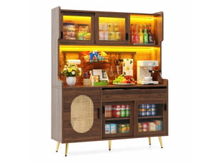 Buffet cuisine 145x39x171cm, led, meuble cuisine avec cinq portes, meuble salon, portes en verre cannelé, mdf, brun
