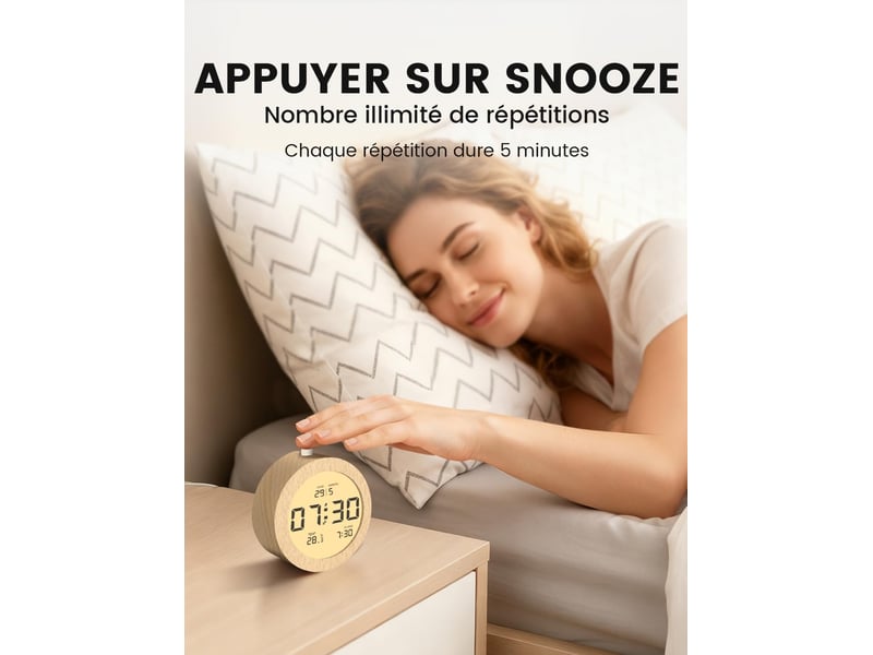  Réveil numérique, réveil en bois avec affichage de la température et fonction de répétition de l'alarme (snooze)  - Conforama D