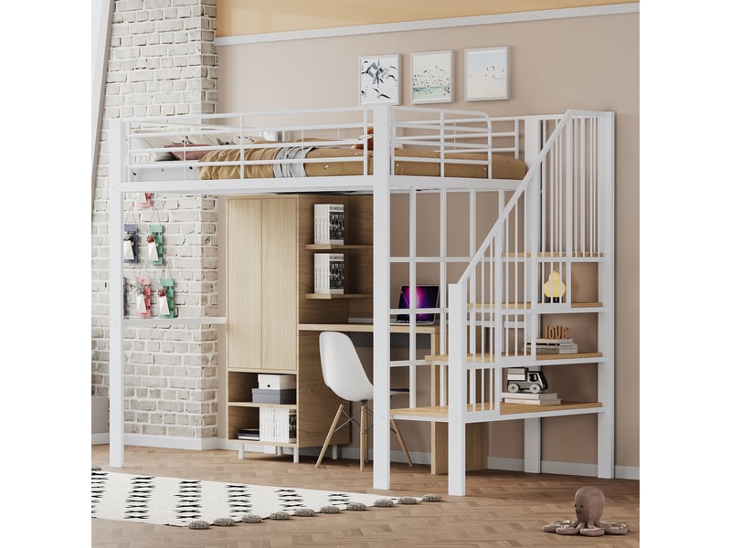 Lit mezzanine 200×140 cm avec espace de rangement sous le couchage et escalier, en métal et bois blanc  - Conforama C