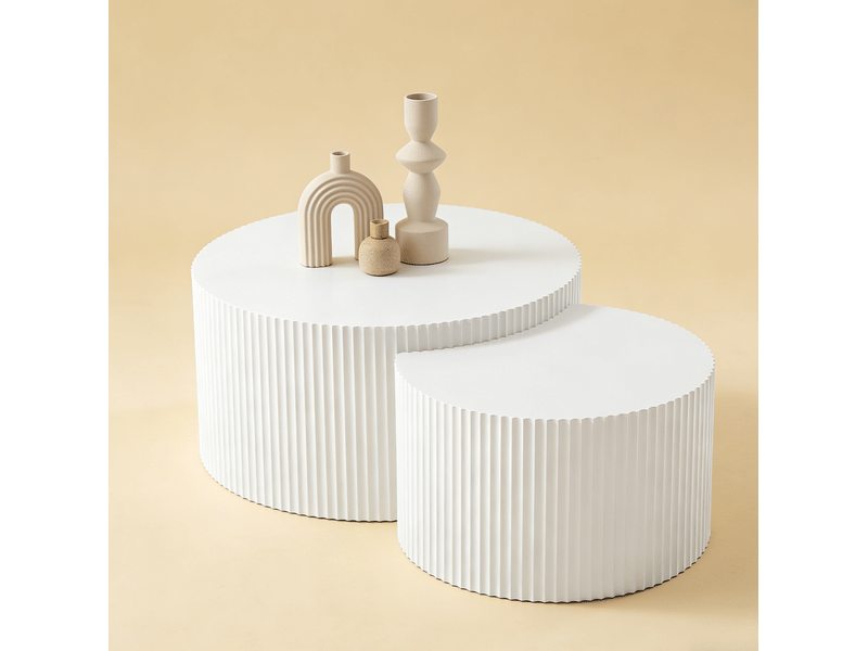  Tables basses gigognes tcqpz lot de 2 rondes ø80 cm mdf blanc mat relief ondulé  - Conforama B