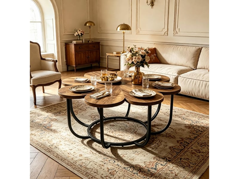  Table basse ronde,100x100x50 cm,motif floral,métal et bois,noir et marron  - Conforama E