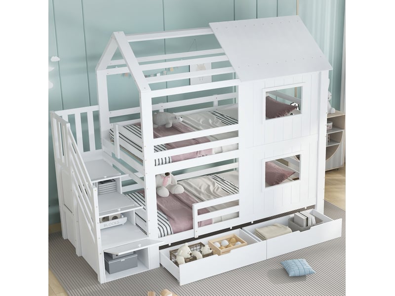  Lit superposé enfant 90 x 200 cm avec rangements et tiroir à roulettes, blanc  - Conforama B