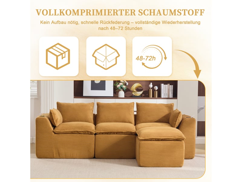  Canapé modulable, canapé 3 places, en velours tricoté, orange, poches latérales, porte-gobelets, pour salon, repose-pieds  - Conforama A