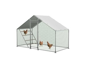 Enclos à volailles 303x157x200 cm – gris – toit pe, porte verrouillable, échelle et grillage sécurisé