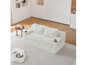 Canapé droit convertible 2 places en velours côtelé beige 180 x 85 x 62 cm avec porte-gobelets et rangements