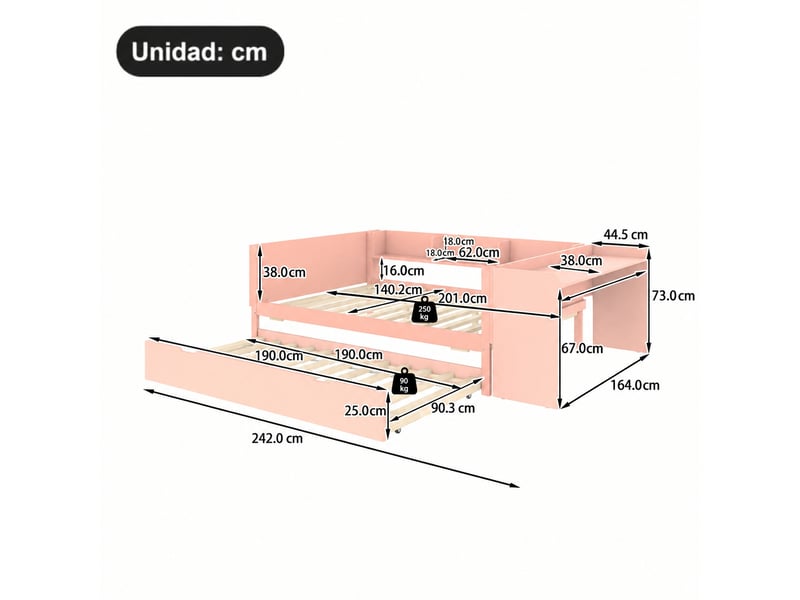  Lit double 140x200 avec lit gigogne, bureau intégré et 3 étagères, sans matelas, rose  - Conforama E