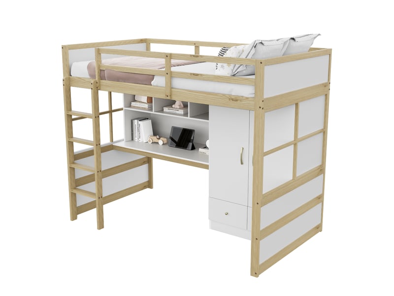  Lit mezzanine 90x200 cm, échelle, bureau avec rangement, armoire + tiroirs, bois, blanc et naturel, sans matelas  - Conforama A
