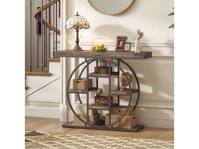  Console design industriel arrondi 5 étagères épais plateau métal noir effet bois  - Conforama E