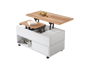 Table basse relevable extensible 100x100 cm avec 4 tiroirs et roulettes, rangement modulable, blanc et bois