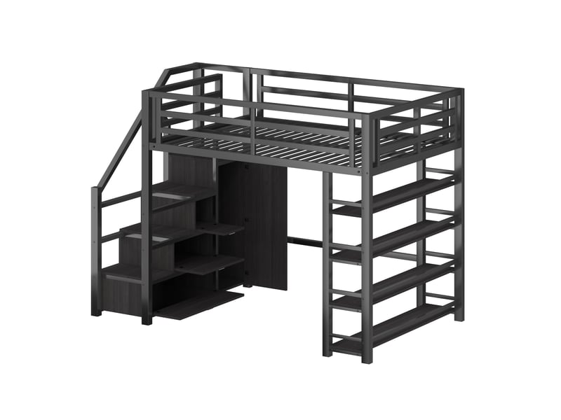  Lit métal noir 140x200 cm avec rangements: étagères, armoire et éclairage led - design moderne  - Conforama A