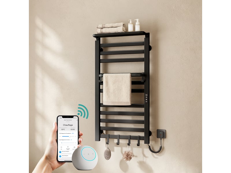  Sèche-serviettes électrique connecté wifi emke 1000x500 mm avec étagère pliable, écran led, programmable, 280 w, noir mat  - Conforama B