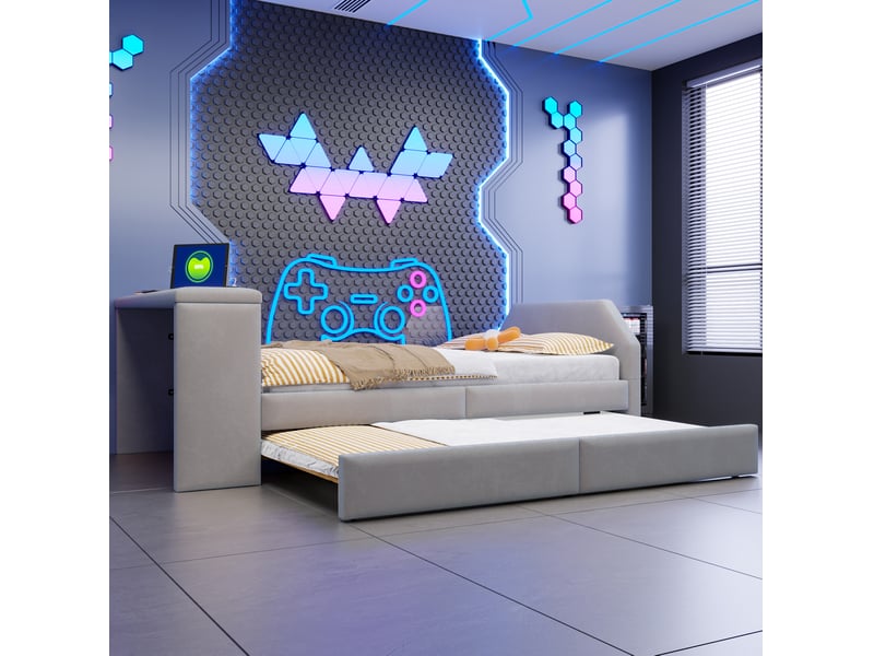 Lit enfant 90x200 cm avec bureau, usb et lit gigogne, velours gris, sans matelas  - Conforama R