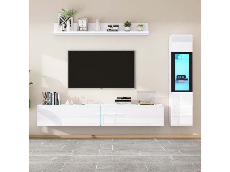  Ensemble meuble tv mural blanc laqué brillant 3 pièces avec éclairage led rgb - 180 cm  - Conforama C