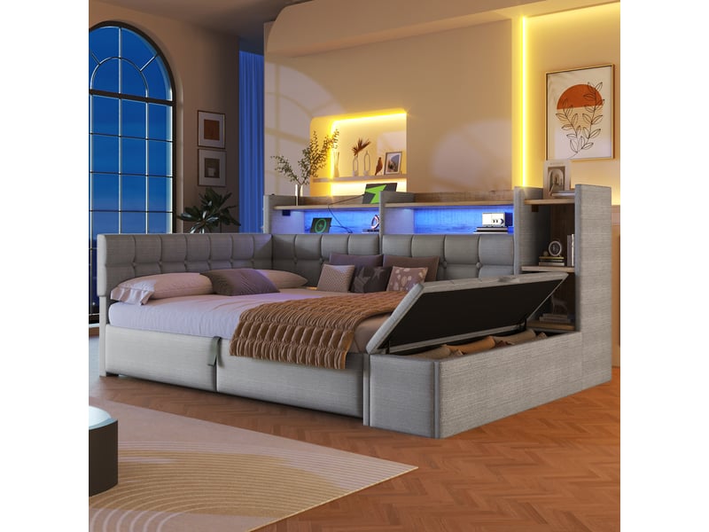 Lit coffre hydraulique 140x200 cm avec led multicolore, usb et usb-c et banc coffre, velours gris, sans matelas - Conforama W