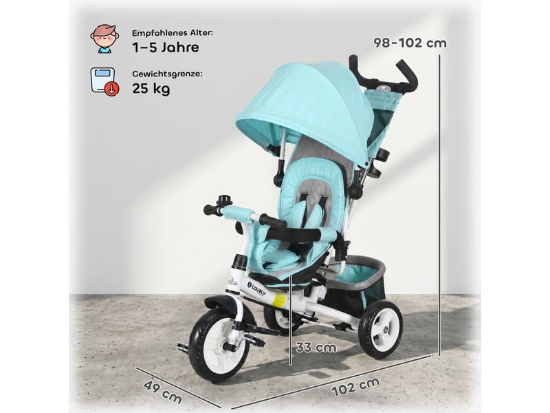  Tricycle pour enfant, vélo pour enfant, panier arrière, porte-gobelet, pare-soleil, métal, vert  - Conforama C