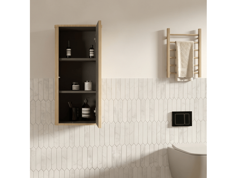 Armoire murale de salle de bain à ouverture par pression avec étagères intérieures, finition rainurée chêne - Conforama B