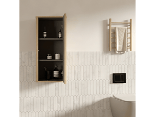 Armoire murale de salle de bain à ouverture par pression avec étagères intérieures, finition rainurée chêne