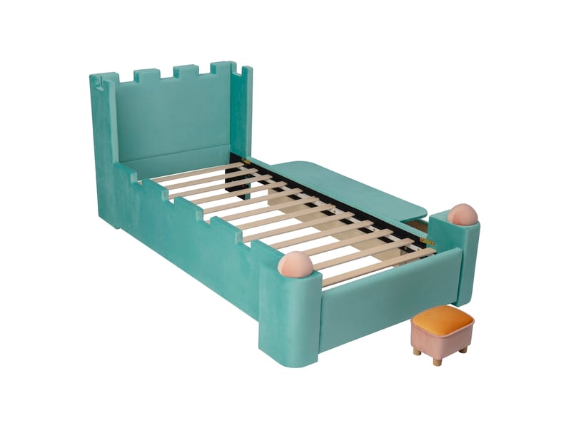  Lit enfant château 90x200 cm en velours bleu-vert avec tiroir et tablette pliante  - Conforama W
