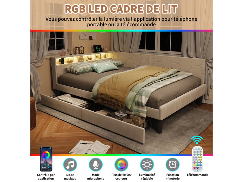  Kefsr lit rembourré 140x200 cm avec 2 tiroirs, lit double et canapé-lit banquette en velours beige, tête de lit avec étagère de rangement, led rgb et ports usbtype-c  - Conforama D