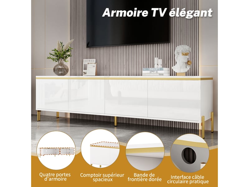 Meuble tv blanc brillant 170 cm avec 4 portes et pieds en métal doré  - Conforama W