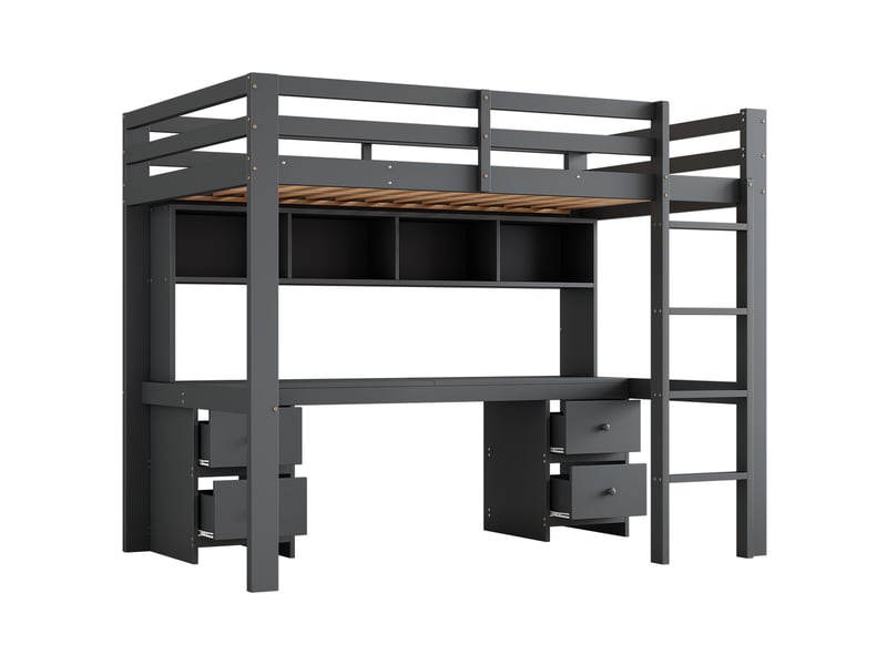  Lit mezzanine avec bureau et rangement, lit enfant 90x200 cm en bois, lit surélevé gris avec escalier robuste  - Conforama R