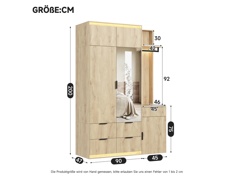  Ensemble dressing 135x47x200 cm avec miroir, led et 5 tiroirs décor chêne  - Conforama C