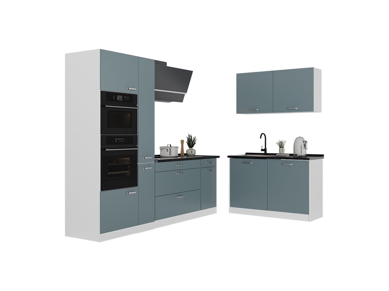  Vicco cuisine en angle, bleu-grisblanc, 230 x 120 cm plan de travail anthracite  - Conforama E