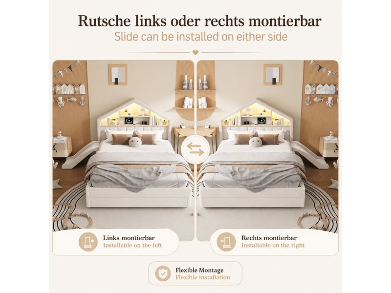  Lit enfant 140x200 en velours avec toboggan,led,chargeur, rangement tête de lit, grand coffre,cadre de lit cabane,beige  - Conforama D