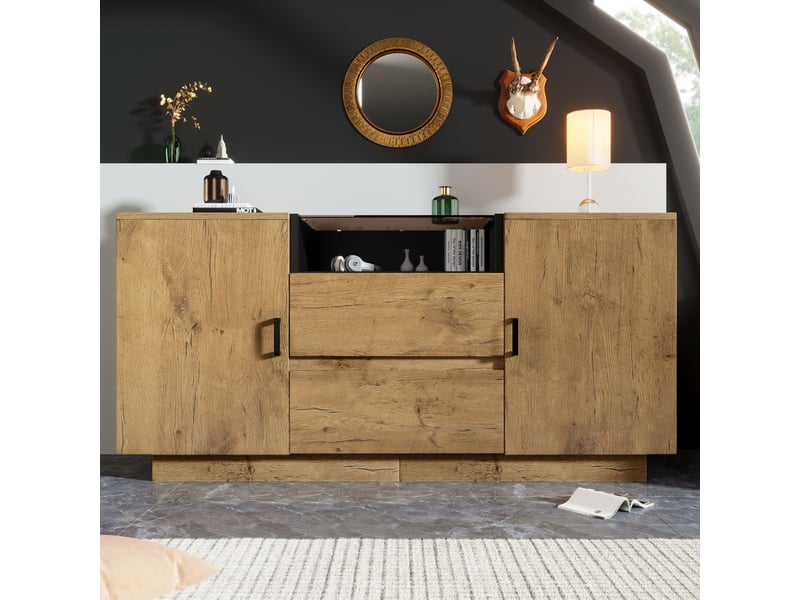  Buffet bahut salon salle à manger, 2 portes, 2 tiroirs, étagères réglables, verre esg, 140x40x70 cm - chêne  - Conforama B