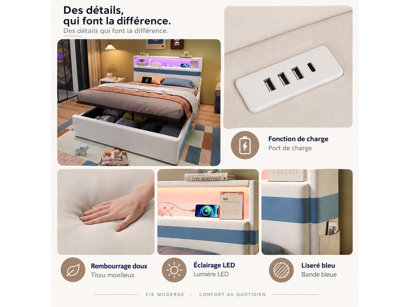  Lit coffre lit rembourré lit double led avec fonction de chargement usb et éclairage led lit 140x200cm blanc et bleu  - Conforama E
