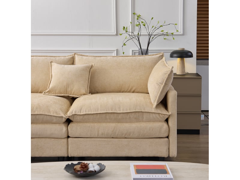 Canapé d'angle modulable 3 places en tissu beige avec pouf mobile, confort moelleux pour le salon - Conforama D