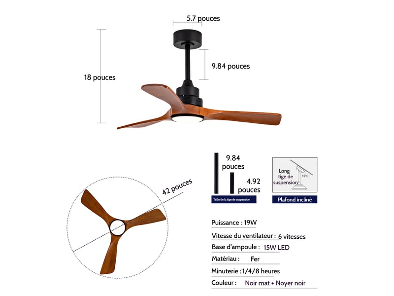  Ventilateur de plafond 107 cm avec lumière, pales en bois massif - moteur dc silencieux réversible, double commande pour chambre et salon  - Conforama D