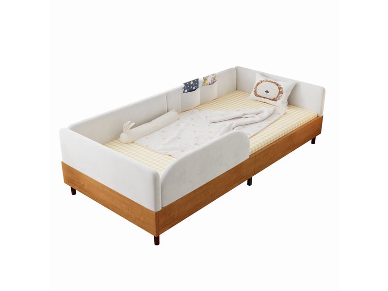  Lit enfant 90 × 200 cm 1 place avec 2 poches de rangement et barrière, sans matelas, en velours, blanc  - Conforama A