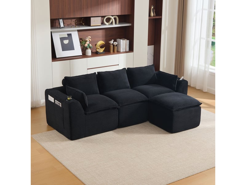 Canapé modulable 3 places avec pouf, porte-gobelets et poches latérales, coussins inclus, tissu velours côtelé, mousse et ressorts, noir  - Conforama B
