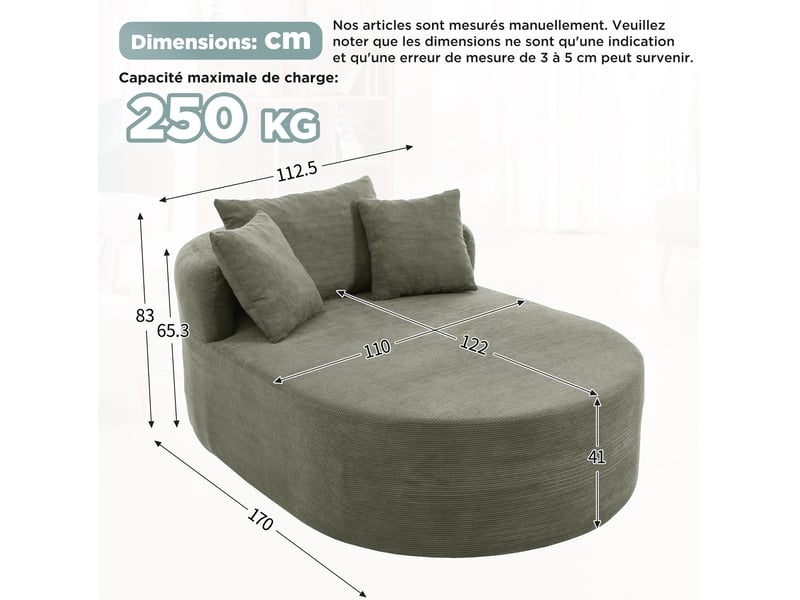  Fauteuil relax ovale 170x112,5x83 cm vert en velours côtelé, assise profonde de 122 cm sans montage  - Conforama C
