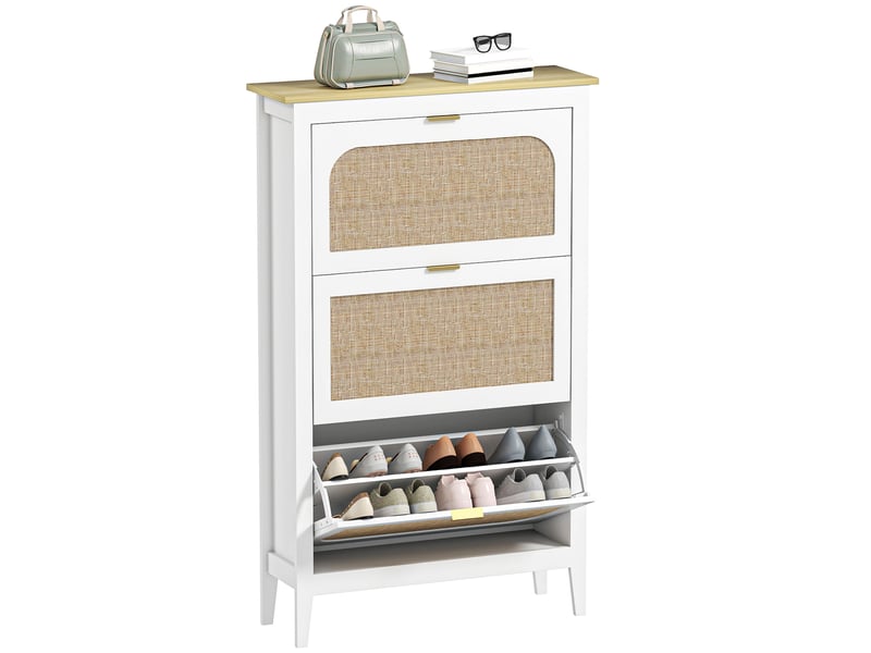 Meuble à chaussures 21 paires bohème avec 3 tiroirs rabattables, portes effet cannage rotin, 80 x 24 x 131 cm, blanc  - Conforama A