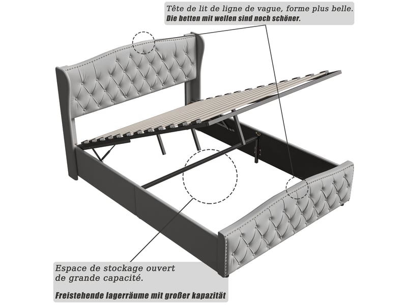  Lit coffre 140x190cm - lit double 140x190 avec tête de lit capitonnée vague, rivets, coffre &amp; velours - gris  - Conforama D
