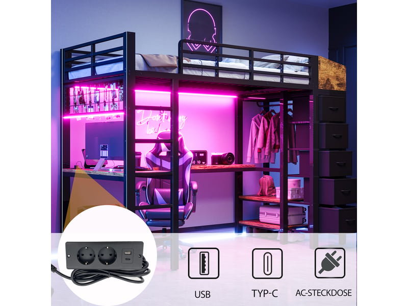  Lit mezzanine 140x200 cm avec bureau gaming, 5 tiroirs en tissu, led, prises usb et usb-c noir Fay Lum - Conforama D