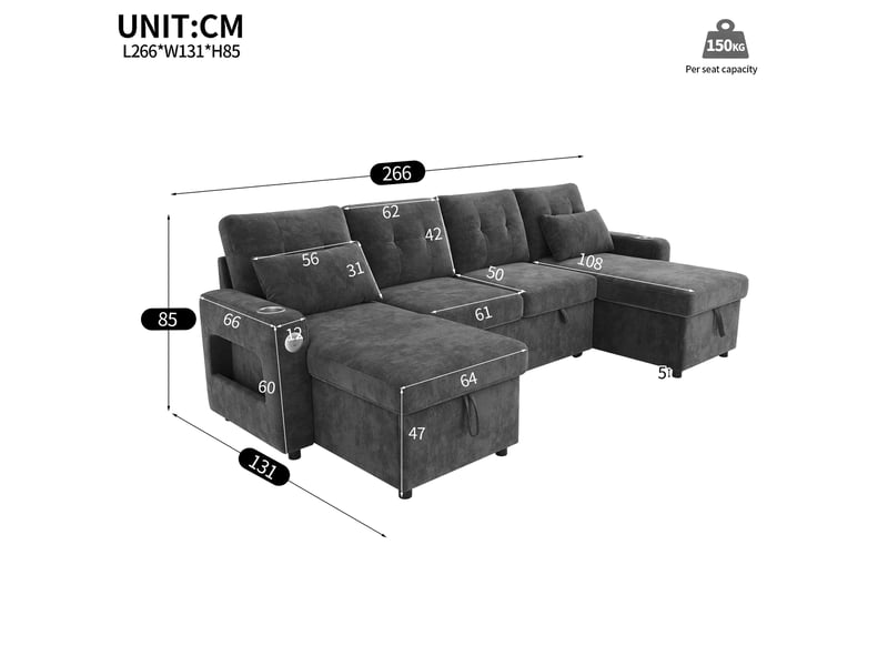  Canapé d’angle convertible u 4-5 places 266 cm, double méridienne, rangements, usbusb-c, porte-gobelets, led 3 couleurs, chenille gris Morn Vibe - Conforama E