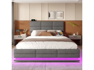 Lit 140x200cm, lit coffre, lit 2 places, tête de lit réglable, led, usb, sommier, sans matelas, velours, gris