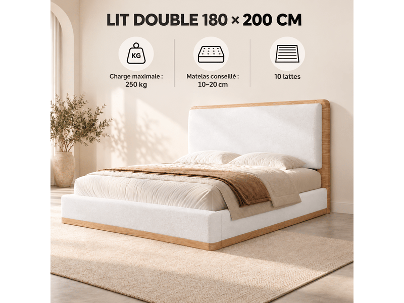 Lit double rembourré 180x200 cm avec tête de lit matelassée, sommier à lattes, revêtement teddy et pu, structure mdf, blanc et naturel - Conforama D
