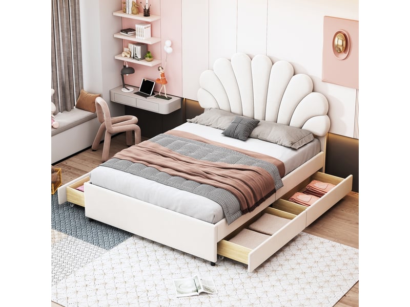  Lit enfant 140x200 cm, tiroirs, espace de rangement, tête de lit réglable, sommier, velours beige, sans matelas  - Conforama W