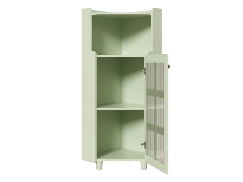  Meuble d'angle triangulaire avec porte en verre ondulé, étagère ouverte, éclairage led connecté et étagères réglables  - Conforama A