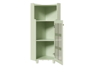 Meuble d'angle triangulaire avec porte en verre ondulé, étagère ouverte, éclairage led connecté et étagères réglables