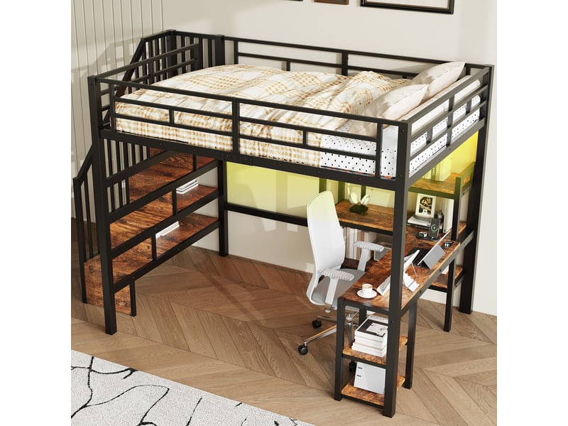  Lit mezzanine 140x200 cm en métal, avec bureau intégré, escalier, rangements, port usb et led, noir  - Conforama B