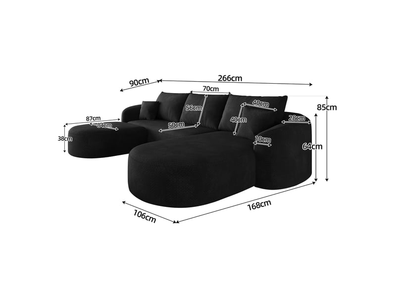  266 cm u-forme canapé d'angle - canapé modulaire boneless à compression - canapé noir en chenille - aucun montage nécessaire  - Conforama C